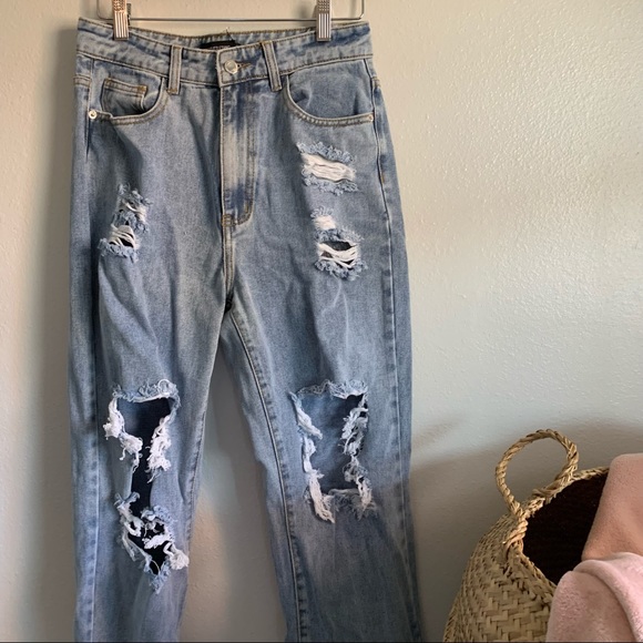 PLT | Light Blue Distressed Split Hem Straight Jean - Picture 3 of 8